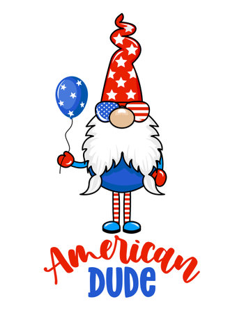 American Dude - Cute gnome in 4th of July costume. Scandinavian elf with beer, balloons and hat. Happy 4th of july. Vector illustration in cartoon style.のイラスト素材