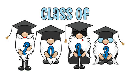 Class of 2023 - Cute smiling happy trolls with diploma. Cartoon character in Scandinavian style. Congratulation graduates. Good for t-shirt, mug, gift. Nordic gnomes.のイラスト素材