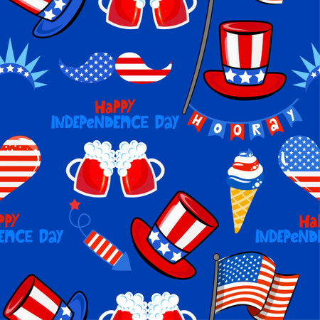 Happy Independence Day pattern with USA symbols - funny drawing seamless pattern. wallpaper, wrapping paper. Happy Independence Day. Red, white and blueのイラスト素材