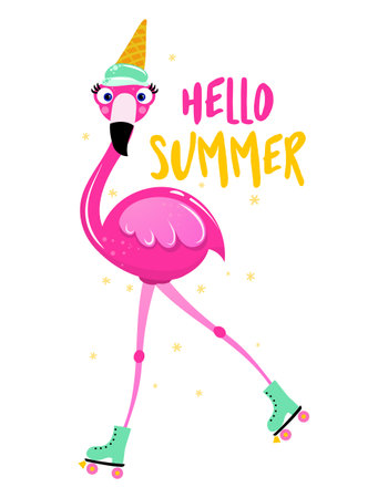 Hello Summer - Motivational quote. Hand painted brush lettering with flamingo with ice cream on her head. Good for t-shirt, posters, textiles, gifts, travel sets.のイラスト素材