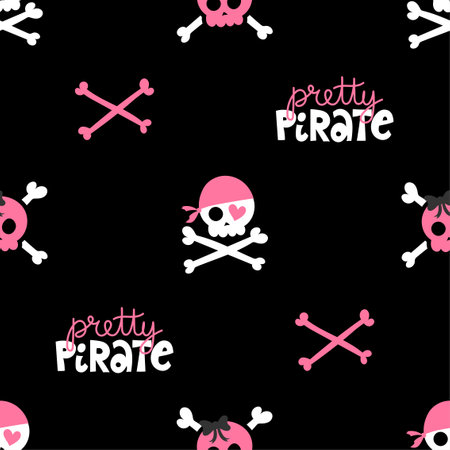 Pretty Pirate pattern - Cute sea adventures collection. Girl pirate scull. Funny pirate party elements for kids.のイラスト素材