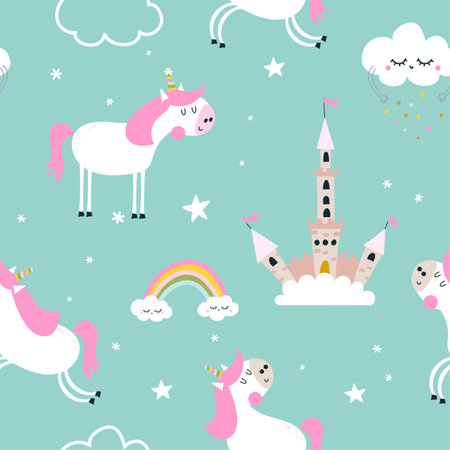 Little Unicorn - funny doodle, seamless pattern. Castle, unicorn, hearts, fashion elements. Cartoon background, texture for bedsheets, pajamas, wrapping papers.のイラスト素材