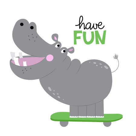 Have fun - funny hand drawn doodle, cartoon Hippopotamus. Good for Poster or t-shirt textile graphic design. Vector hand drawn illustration. Summer skateboarding Hippo.のイラスト素材