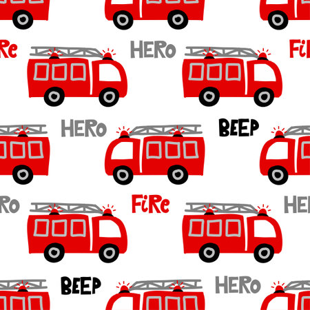 Firetruck pattern design - funny hand drawn doodle, seamless pattern. Lettering poster or t-shirt textile graphic design. wallpaper, wrapping paper, background.のイラスト素材