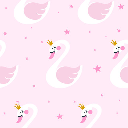 White swan pattern design with stars - funny hand drawn doodle, seamless pattern. Lettering poster or t-shirt textile graphic design. Wallpaper, wrapping paper, background.のイラスト素材