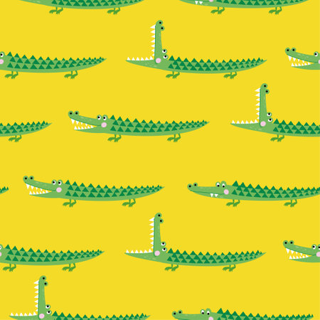 Crocodile pattern design with several alligators - funny hand drawn doodle, seamless pattern. Lettering poster or t-shirt textile graphic design. Wallpaper, wrapping paper, backgroのイラスト素材