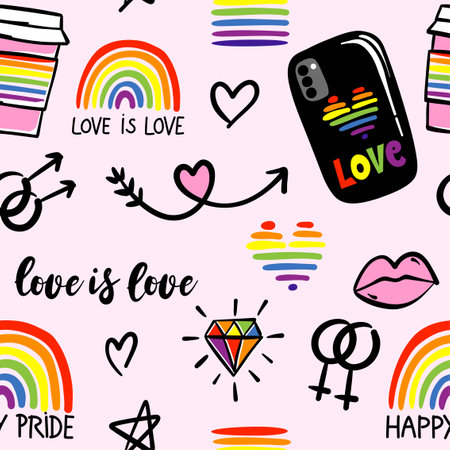 Cute seamless pattern with lgbt rainbow, hearts, text, arrows and stars - Gay pride. Pride Month. Happy Pride Month Illustration. funny drawing pattern. Poster or t-shirt textile gのイラスト素材