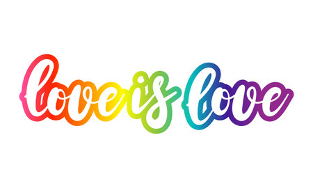 Love is love - LGBT pride slogan against homosexual discrimination. Modern calligraphy with rainbow colored characters. Good for scrap booking, posters, textiles, gifts, pride setsのイラスト素材