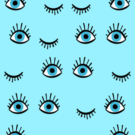 Vector pattern with hand drawn doodle eyes. Trendy seamless background with open and winking or closed eyes. - funny hand drawn doodle, seamless pattern. sleeping beauty.のイラスト素材
