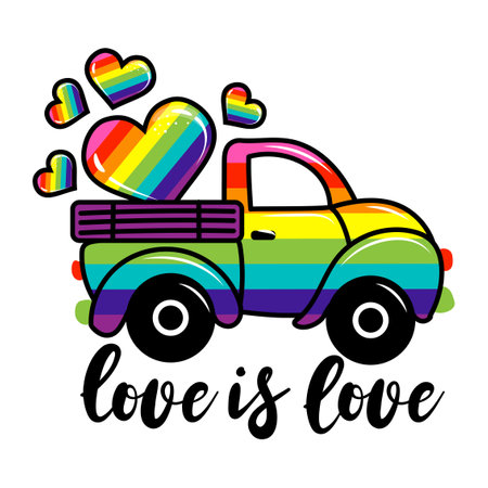 Love is love - LGBT pride slogan against homosexual discrimination. Modern calligraphy with rainbow colored characters. Good for scrap booking, posters, textiles, gifts, pride setsのイラスト素材