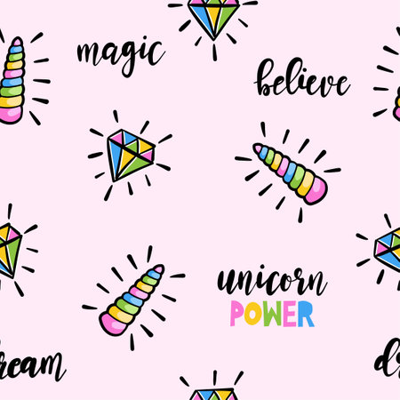 Unicorn pattern design with unicorn horns and diamonds - funny hand drawn doodle, seamless pattern. Lettering poster or t-shirt textile graphic design. Wallpaper, wrapping paper, bのイラスト素材