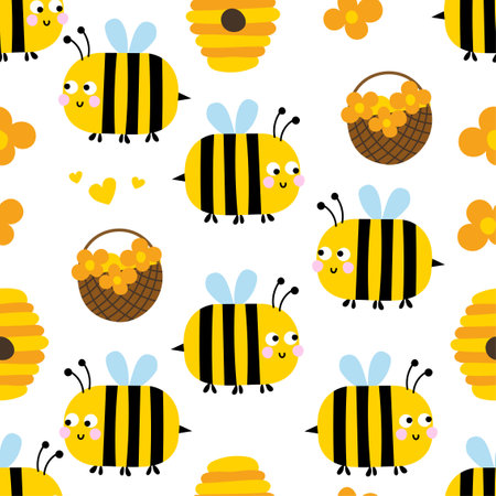 Cute honeybees seamless pattern. Seamless background with bumble bees. Simple pattern. Vector illustration.のイラスト素材