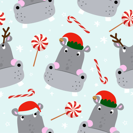 Christmas pattern witch cute hippos - funny hand drawn doodle, seamless pattern. Designer poster or t-shirt textile graphic design. Wallpaper, wrapping paper background. I want a hのイラスト素材