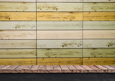 Clear Table on wooden wall backgroundの写真素材