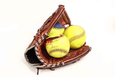 Closeup of a Softball Glove and ballの写真素材