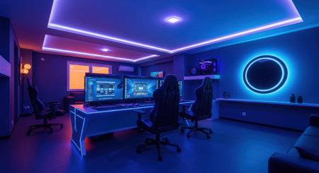 This image depicts a sleek and modern gaming room illuminated with vibrant neon lights. The room features multiple gaming stations with high-end computers and large monitors. Each station is equipped with ergonomic gaming chairs, and the setup includes a comfortable sofa for relaxation. The walls and ceiling are adorned with colorful LED strips, creating a dynamic and immersive gaming atmosphere.の素材