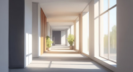 A long, bright hallway with large windows on one side, allowing sunlight to stream in and create a warm, inviting atmosphere. Potted plants are placed along the windows, adding a touch of greenery and life to the space. The hallway extends into the distance, leading to a door at the far end.の素材