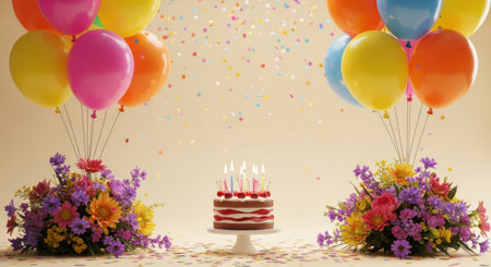 A beautifully decorated birthday cake sits in the center of the image, adorned with lit candles. The cake is surrounded by vibrant flower arrangements on either side. Above the cake, colorful balloons in shades of pink, yellow, orange, and blue float, adding to the festive atmosphere. Confetti is scattered in the air, enhancing the celebratory mood of the scene.の素材