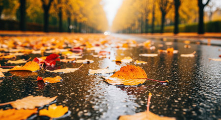 A serene autumn scene with fallen leaves scattered across a wet pavement. The leaves display vibrant hues of orange, yellow, and red, contrasting beautifully with the reflective surface of the pavement. The sunlight filters through the trees, casting a warm glow over the scene and creating a peaceful atmosphere.の素材