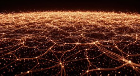 This image depicts a complex network of interconnected lines forming a web-like structure. The lines are golden in color and are set against a dark background, creating a striking contrast. The intricate patterns suggest a high level of connectivity and interdependence among the nodes and lines. This visual representation could symbolize various concepts such as data networks, neural pathways, or social connections.の素材