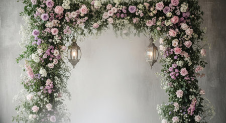 A beautifully arranged floral archway adorned with an array of pink, purple, and white flowers. The archway is embellished with lush greenery and features two hanging lanterns, creating a romantic and enchanting atmosphere. Perfect for weddings or special events, the floral design adds a touch of sophistication and natural beauty.の素材