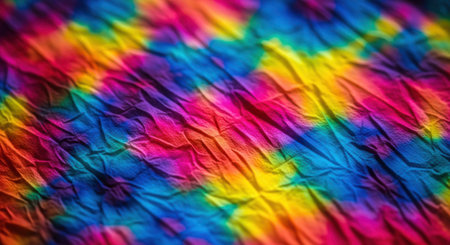 A close-up image of a fabric featuring a vibrant tie-dye pattern. The fabric showcases a blend of bright colors including pink, blue, yellow, and green, creating a dynamic and eye-catching design. The intricate swirls and folds of the fabric add depth and texture to the image, making it visually appealing.の素材