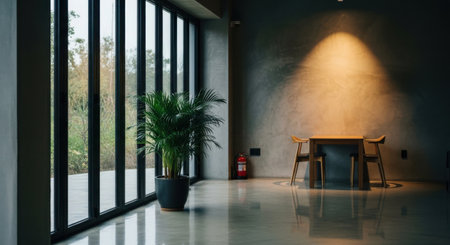A serene and minimalist room features a large window that allows natural light to flood in. The room includes a wooden table with two chairs, a potted plant adding a touch of greenery, and a polished floor reflecting the light. The walls are plain and the overall atmosphere is calm and inviting.の素材