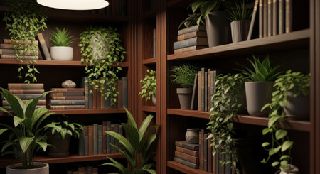 This image depicts a serene and inviting library corner adorned with an array of lush green plants. The wooden bookshelves are filled with neatly arranged books and various potted plants, creating a harmonious blend of literature and nature. The warm lighting and the abundance of greenery contribute to a tranquil and cozy atmosphere, making it an ideal spot for reading and relaxation.の素材