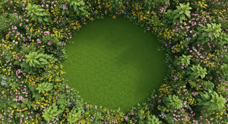 A beautifully manicured heart-shaped lawn is surrounded by a variety of colorful flowers and lush green foliage. The garden is meticulously maintained, creating a serene and picturesque scene perfect for a romantic setting or a tranquil outdoor space. The heart shape adds a whimsical touch, making it an ideal spot for relaxation or special occasions.の素材