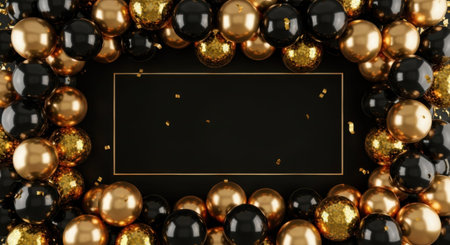 This image showcases an elegant frame adorned with a combination of golden and black beads. The beads are meticulously arranged in a circular pattern, creating a striking contrast between the dark and light hues. The frame itself is rectangular and features a sleek, black background. The overall design exudes a sense of luxury and sophistication, making it a perfect decorative piece for any setting.の素材