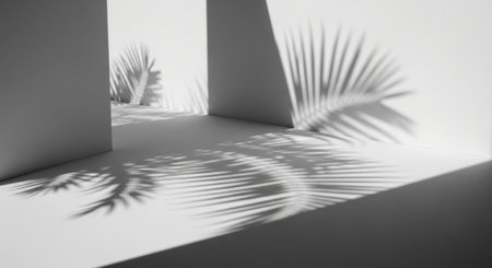 A black and white photograph capturing the intricate shadows of palm leaves cast on a wall. The shadows create a striking pattern, emphasizing the beauty of natural light and the simplicity of the scene. The image is taken from a corner perspective, highlighting the interplay between light and shadow.の素材