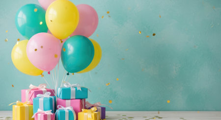 A vibrant celebration scene featuring a cluster of colorful balloons in shades of pink, yellow, and blue floating above a stack of wrapped gifts. The gifts are adorned with ribbons and bows, and gold confetti is scattered around, adding to the festive atmosphere. The backdrop is a calming light blue, creating a cheerful contrast with the bright colors of the balloons and gifts.の素材
