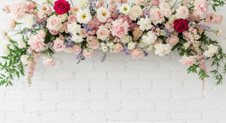 A stunning floral arrangement featuring a variety of flowers in shades of pink, white, and red is displayed against a white brick wall. The arrangement includes roses, daisies, and other delicate blooms, creating a romantic and sophisticated atmosphere. The flowers are artfully arranged to cascade downwards, adding a touch of natural beauty and elegance to the setting.の素材