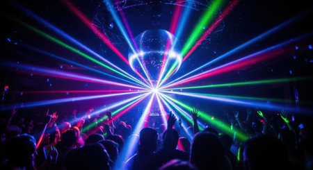 A lively nightclub scene with colorful laser lights illuminating the dance floor. A crowd of people is dancing and enjoying the energetic atmosphere under the vibrant lights.の素材