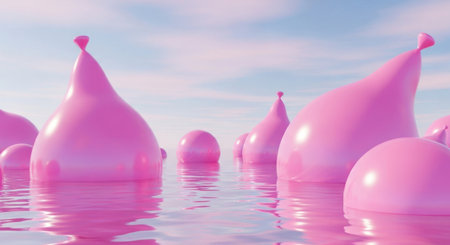 This image showcases a surreal landscape featuring tall, pink, teardrop-shaped formations rising from a calm, reflective body of water. The sky above is a soft blue with wispy clouds, creating a tranquil and dreamlike atmosphere.の素材