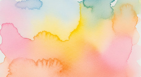 This image features an abstract watercolor painting that depicts a sunset. The artwork showcases a blend of warm colors including shades of yellow, orange, and pink, creating a serene and calming atmosphere. The soft, flowing brushstrokes give the piece a dreamy and ethereal quality, evoking a sense of tranquility and peace.の素材