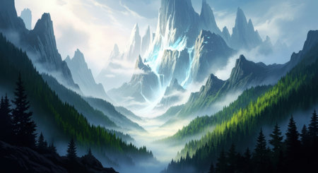 A breathtaking illustration of a mystical mountain valley. The scene features towering, jagged peaks shrouded in mist, with a dense forest of evergreen trees at the base. The sunlight filters through the clouds, casting an ethereal glow over the landscape, creating a serene and enchanting atmosphere.の素材