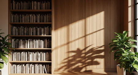 A wooden bookshelf filled with numerous books is positioned against a wall. The sunlight streaming through a nearby window casts a distinct shadow of a plant onto the wall, creating a serene and cozy atmosphere. A potted plant stands next to the bookshelf, adding a touch of greenery to the scene.の素材