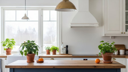 This image depicts a bright and airy kitchen with a wooden countertop adorned with potted herbs and fresh oranges. The kitchen features a white range hood, pendant lighting, and a large window that allows natural light to flood the space. The countertop is also equipped with various kitchen items, including a kettle and canisters, adding to the cozy and functional atmosphere.の素材
