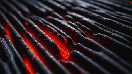 This image captures the mesmerizing sight of molten lava flowing through narrow cracks in the earth. The lava's intense red glow contrasts sharply with the dark, rugged terrain. The scene evokes a sense of raw, natural power and the dynamic forces that shape our planet.の素材