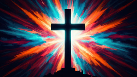 A vivid image of a cross silhouetted against a backdrop of vibrant, radiant light. The light bursts forth in a spectrum of colors, creating an ethereal and spiritual atmosphere. The cross stands prominently in the center, symbolizing faith and devotion.の素材