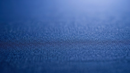 This image showcases a close-up view of a blue fabric texture. The fabric appears to be made of a fine, tightly woven material with a repeating pattern of small squares. The texture is smooth and uniform, with a slight sheen that reflects light softly. The image is taken from a slightly angled perspective, giving a three-dimensional effect to the fabric.の素材