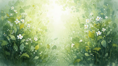 A tranquil meadow bathed in soft, golden sunlight. The scene is filled with lush green foliage and delicate white wildflowers scattered throughout. The sunlight filters through the leaves, creating a gentle, warm glow that illuminates the scene. The atmosphere is peaceful and inviting, perfect for a quiet moment in nature.の素材