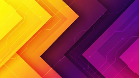This image features a striking gradient of colors transitioning from bright yellow to deep purple. The design includes overlapping geometric shapes, creating a sense of depth and movement. Subtle circuit-like lines are embedded within the shapes, adding a futuristic touch. The overall composition evokes a sense of modern art and technological innovation.の素材