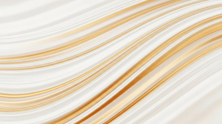 This image features a serene and elegant composition of golden wavy lines against a pristine white background. The waves create a sense of fluidity and movement, with varying shades of gold that add depth and dimension. The overall effect is one of sophistication and tranquility.の素材