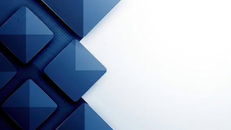 This image features an abstract background composed of geometric shapes in various shades of blue. The shapes are arranged in a repeating pattern, creating a sense of depth and dimension. The design is minimalistic yet visually striking, with a clean white space contrasting against the blue elements.の素材