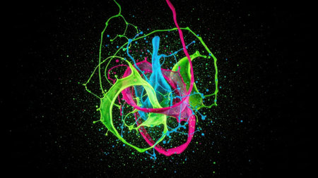 This image captures a dynamic and colorful explosion of paint against a stark black background. The paint splatters in shades of green, pink, and blue create an abstract and energetic pattern. The contrast between the bright colors and the dark backdrop enhances the visual impact, making the image appear lively and full of movement.の素材