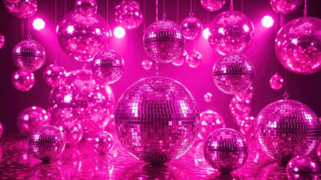 This image showcases a captivating display of disco balls illuminated by pink lighting. The reflective surfaces of the balls create a mesmerizing array of light reflections, adding a sense of depth and sparkle to the scene. The arrangement of the disco balls in various sizes and positions enhances the visual appeal, making it a perfect setting for a festive or celebratory atmosphere.の素材