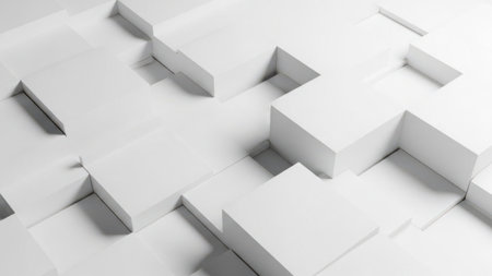 This image features a collection of white geometric shapes arranged in a three-dimensional space. The shapes are predominantly rectangular and are positioned at various angles, creating a sense of depth and complexity. The monochromatic color scheme emphasizes the interplay of light and shadow, highlighting the contours and edges of the shapes.の素材