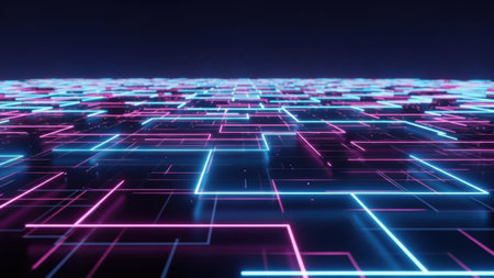 A futuristic digital grid with neon lights in shades of blue and pink. The image features intricate lines and patterns creating a sense of depth and complexity. The overall aesthetic is cyberpunk, evoking themes of technology and advanced computing.の素材